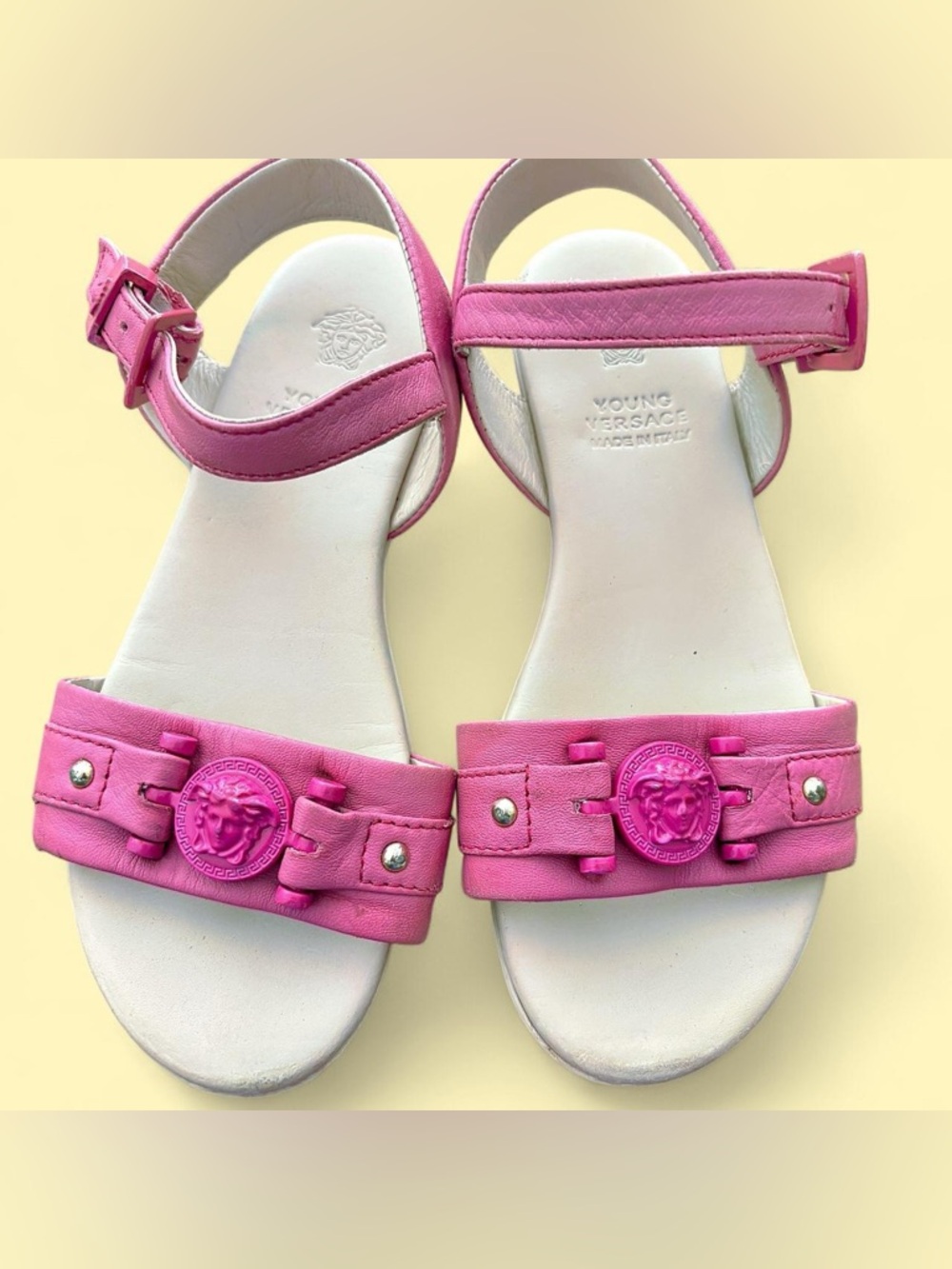 Young Versace Pink Leather Medusa Buckle Sandals size 32